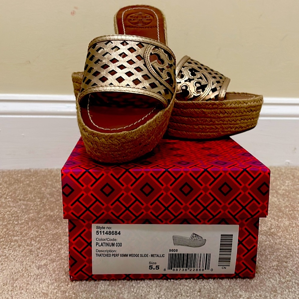 Gold leather Tory Burch espadrille wedge slides!  Brand new, never been wore.